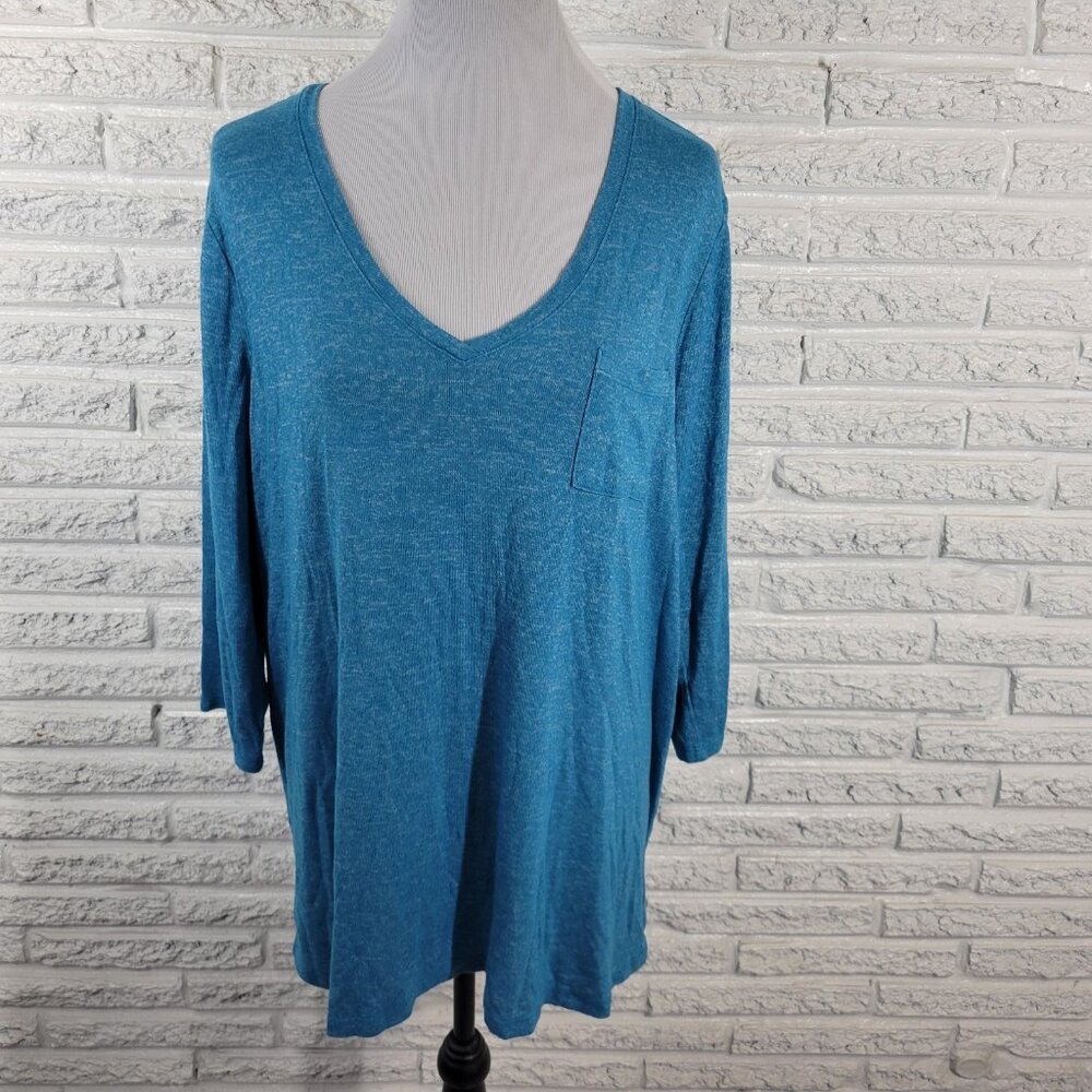 Lane Bryant Top 18/20 Plus Blue Tee V-Neck 3/4 Sleeve Rayon Stretch BLU32E